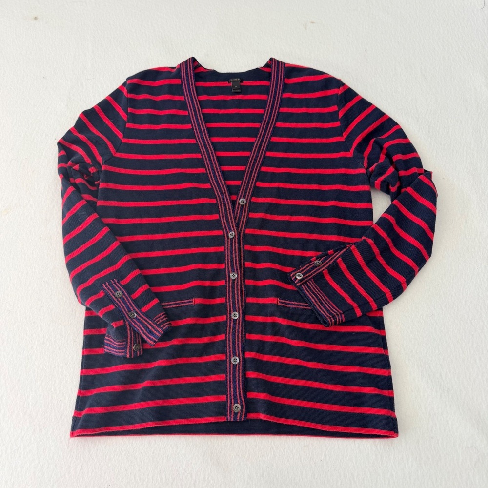 J.Crew Womens Navy Red Striped Metallic Trim Button Front Cardigan Sweater M
